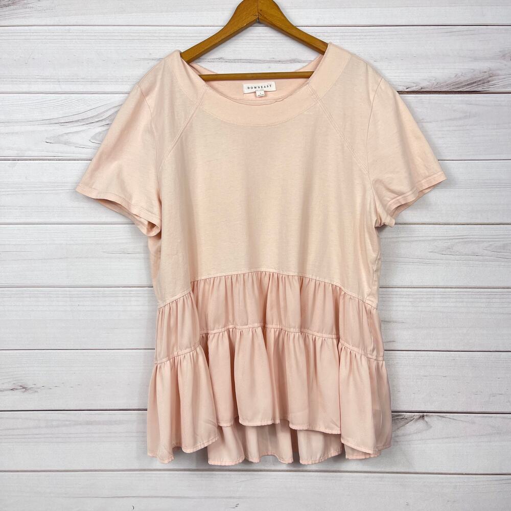 Downeast Womens Pale Pink Ruffled Blouse Short Sleeve Size Large